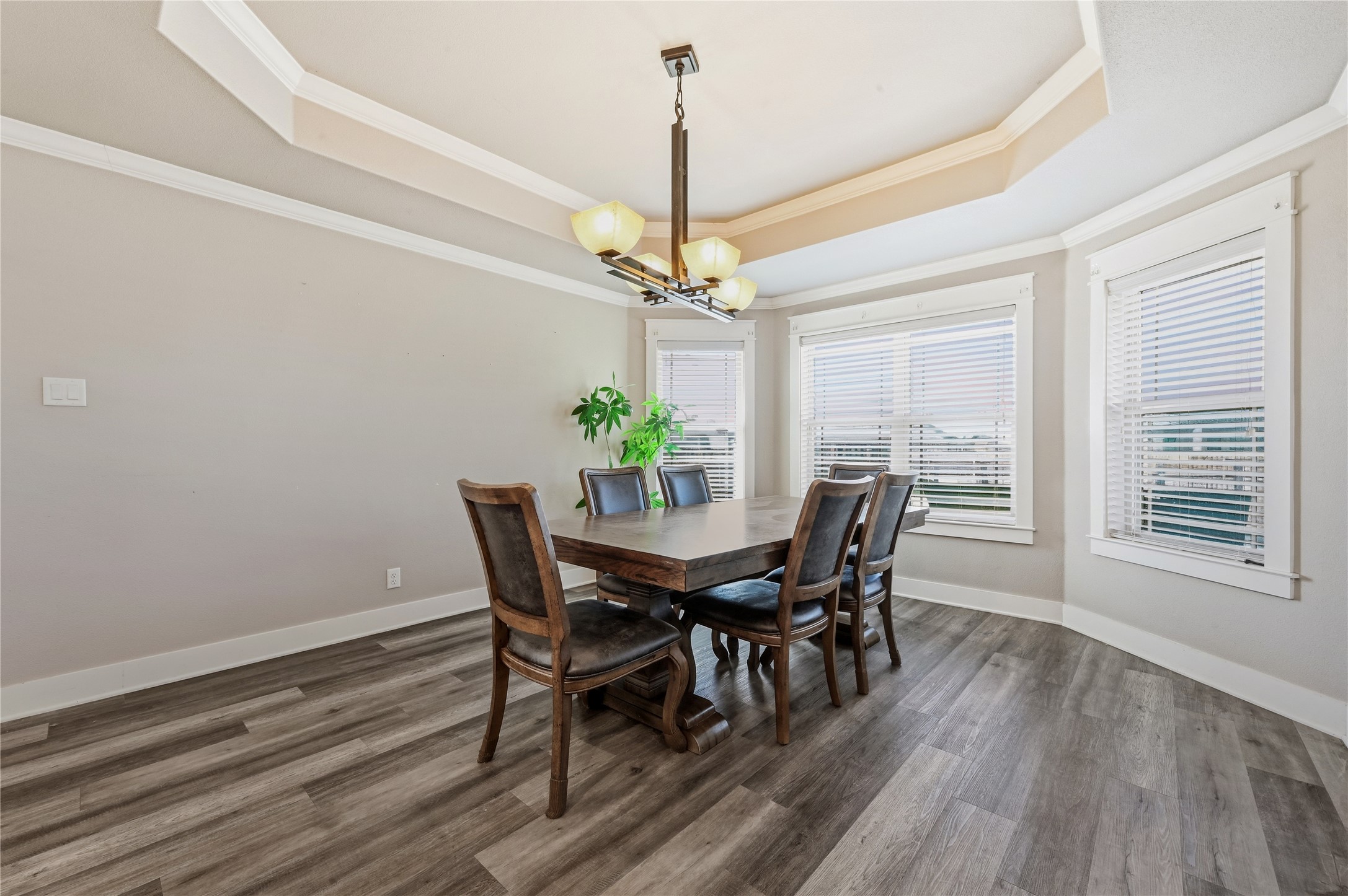 4467 West Amity Road Salado, TX 76571 - Photo 13 of 40 This space features wood-style flooring, a tray ceiling with a central light fixture, and multiple windows with blinds