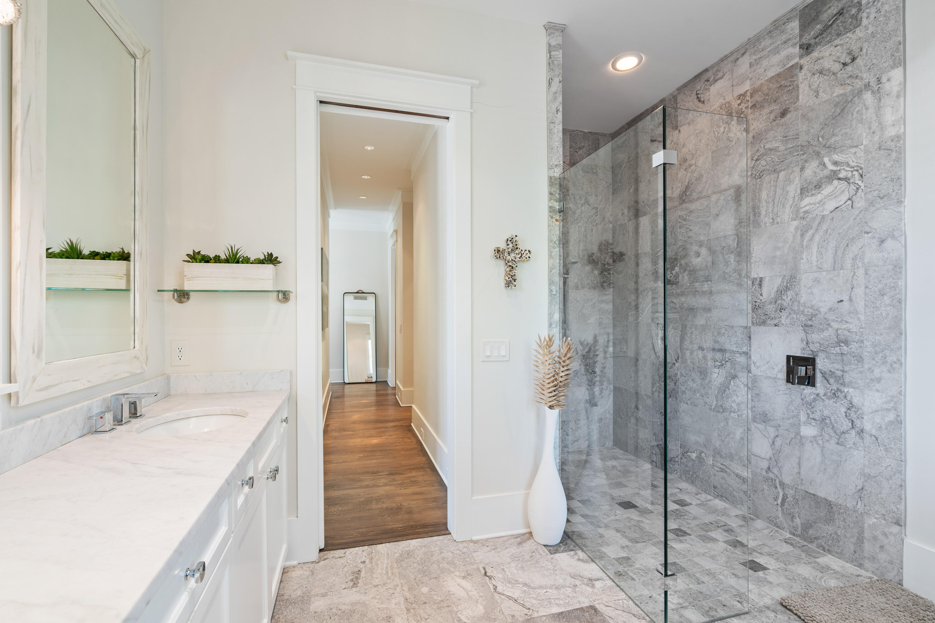 10 Coopersmith Lane Inlet Beach, FL 32461 - Photo 42 of 69 a spacious bathroom with a granite countertop sink a mirror and shower