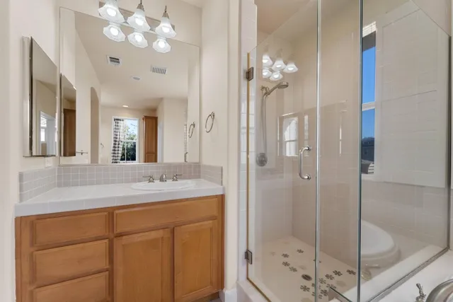 a bathroom with a shower a sink and a mirror
