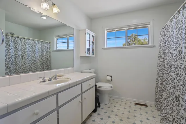 a bathroom with a sink a toilet a mirror a vanity and shower