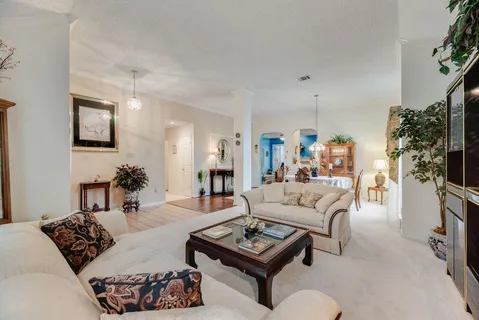 a living room with furniture and a potted plant