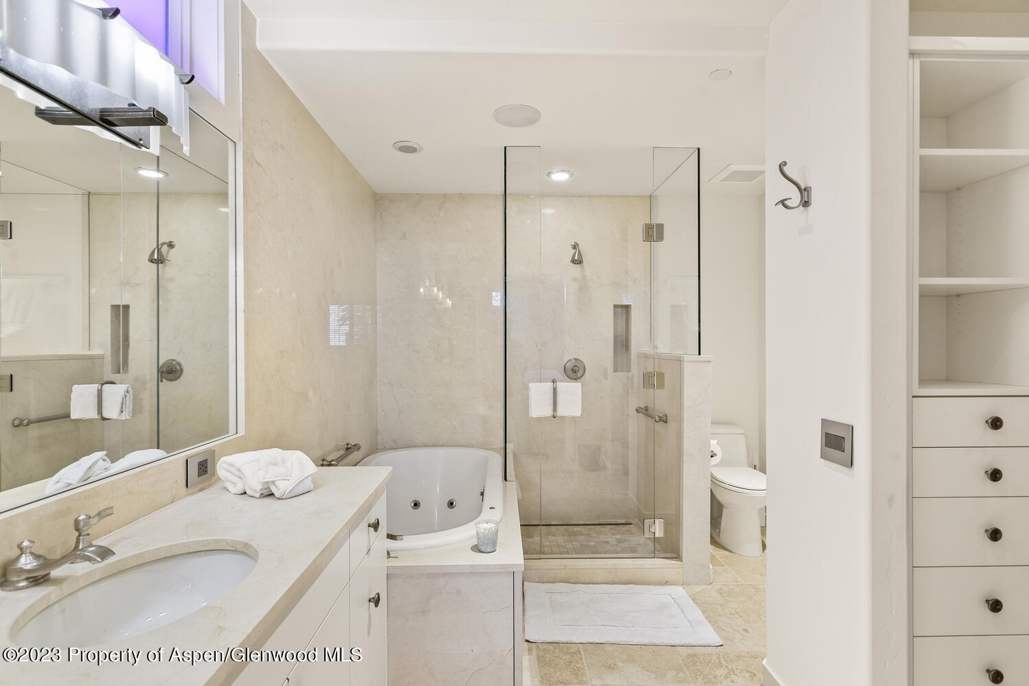 100 East Cooper Avenue, Unit 6 Aspen, CO 81611 - Photo 13 of 24 a bathroom with a granite countertop sink a toilet a glass door shower and a mirror
