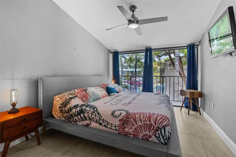 a bedroom with a bed and a large window