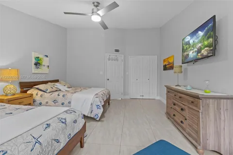 a bedroom with a bed and a tv on the dresser