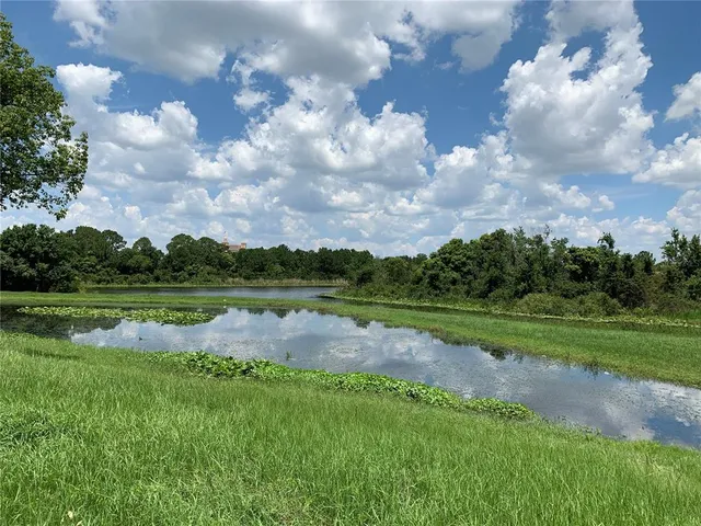 a view of a lake and green space