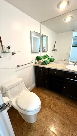 a bathroom with a sink mirror vanity and toilet