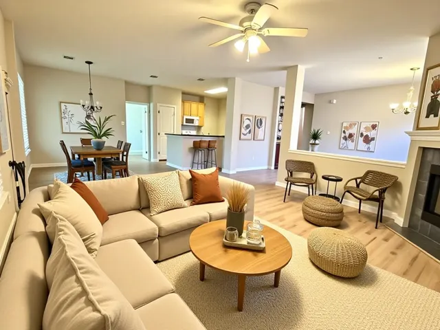 a living room with furniture kitchen view and a chandelier