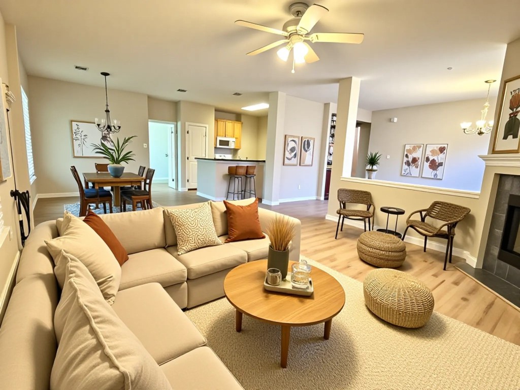 a living room with furniture kitchen view and a chandelier