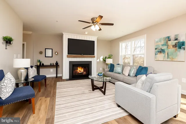 a living room with furniture a fireplace and a flat screen tv