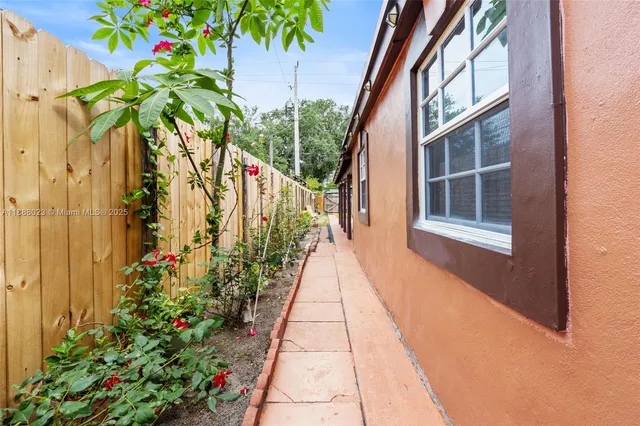 a view of a pathway with a flower plants