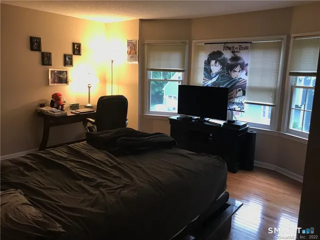 a bedroom with a bed and a flat screen tv