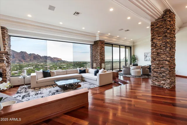 a living room with furniture flowerpot and window