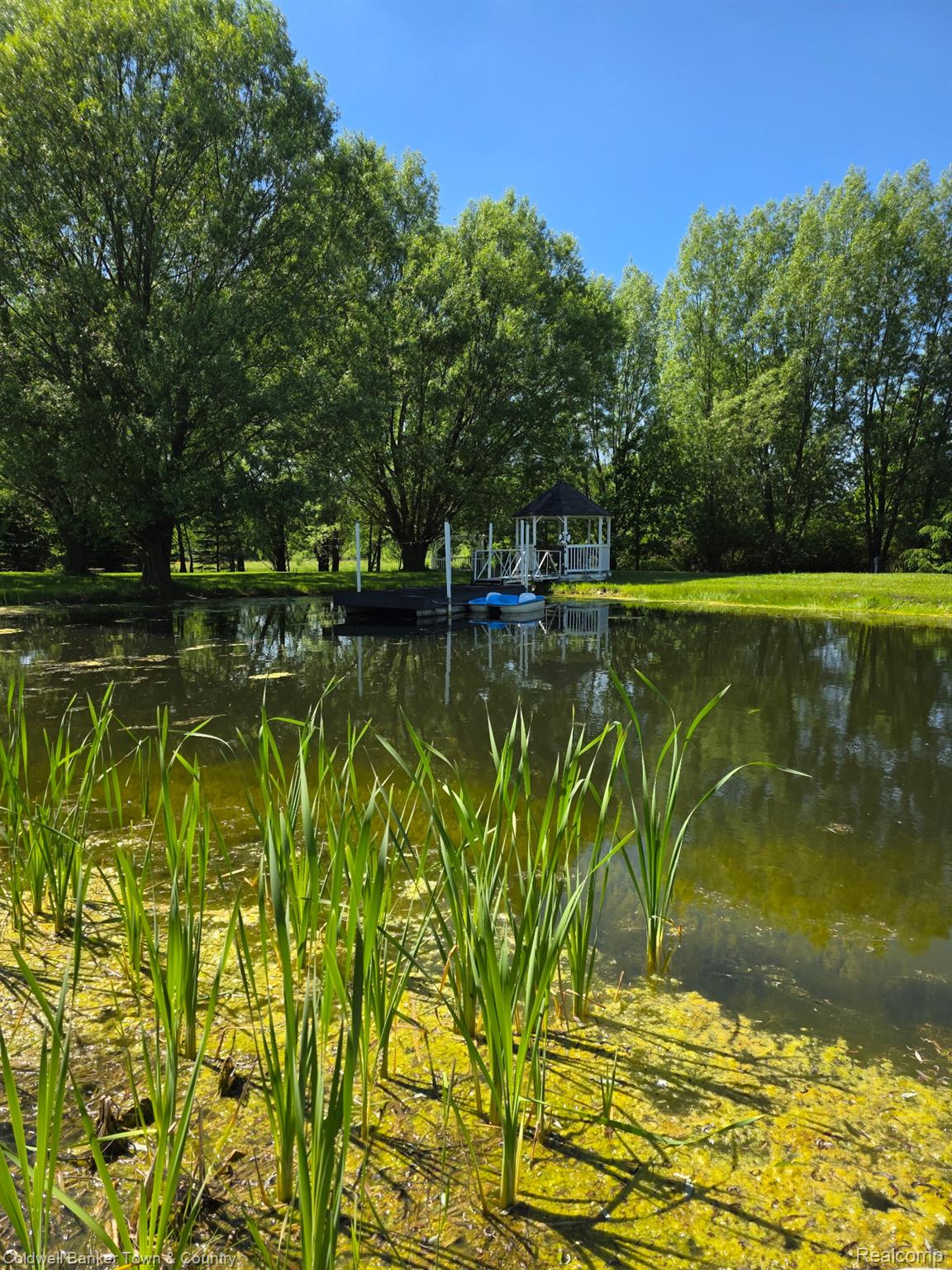 717 North Youngs Road Attica, MI 48412 - Photo 79 of 87 Expansive pond featuring lush green foliage, a private dock, and a white gazebo with a dark roof
