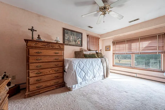a view of a bedroom with furniture and windows
