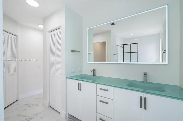 a bathroom with a sink and a mirror