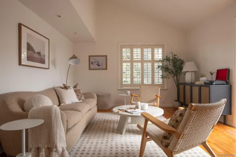 a living room with furniture and a potted plant