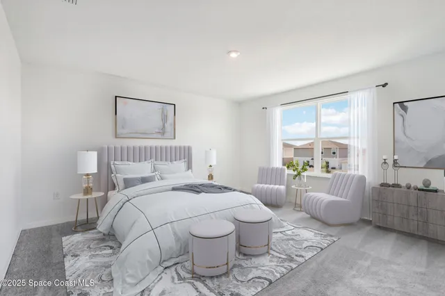 a spacious bedroom with a bed and glass window