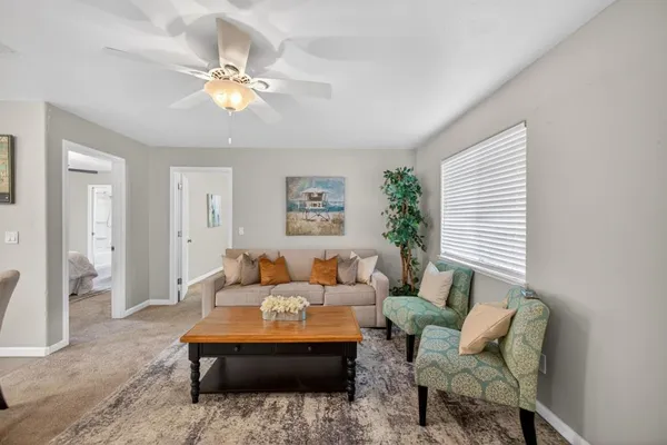 a view of a dining room with furniture