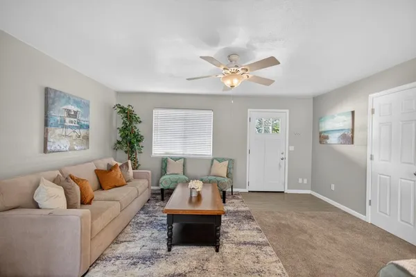 a view of a dining room with furniture