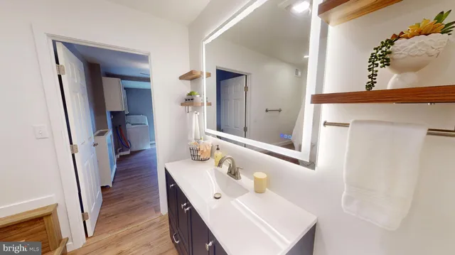 a bathroom with a sink a mirror and a shower