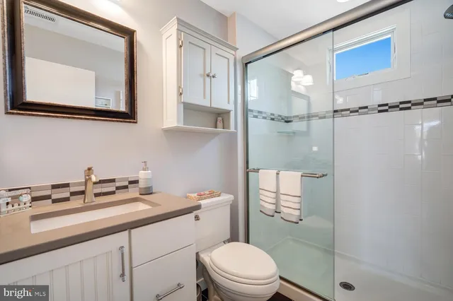 a bathroom with a sink a mirror a toilet and shower