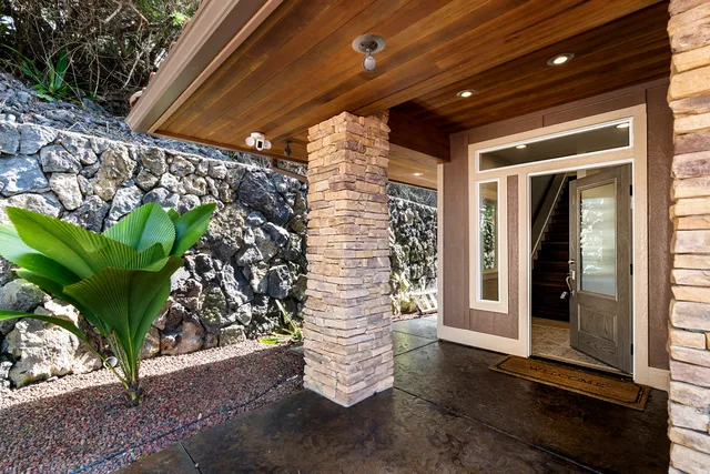 a view of a porch with a rug