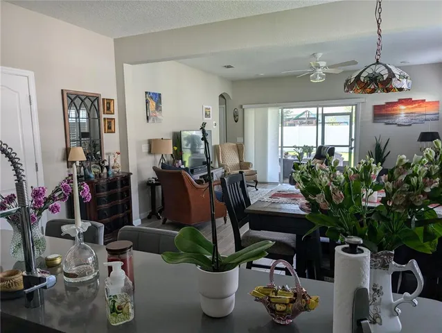 a dining room with furniture window and potted plants