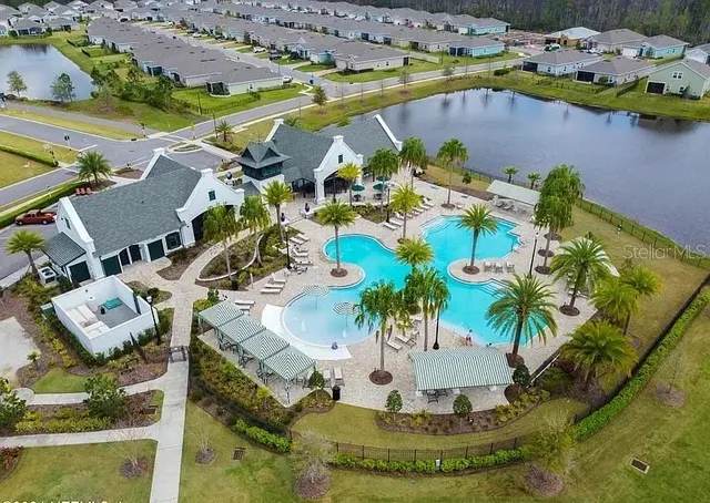 an aerial view of a swimming pool