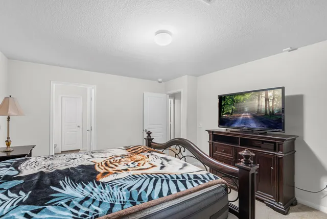 a bedroom with a bed and a flat screen tv