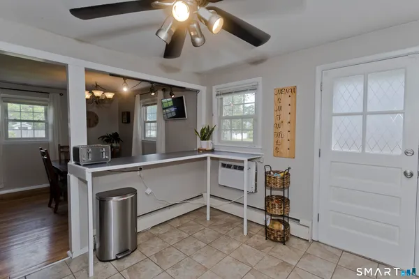 a view of cabinets and window