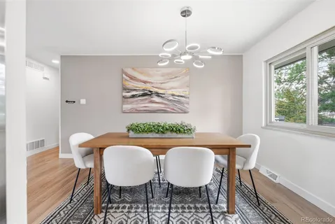 a view of a dining room with furniture window and wooden floor