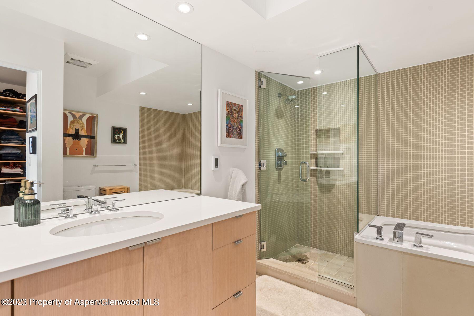 61 Oak Ridge Road Snowmass Village, CO 81615 - Photo 36 of 48 a bathroom with a shower sink vanity and mirror