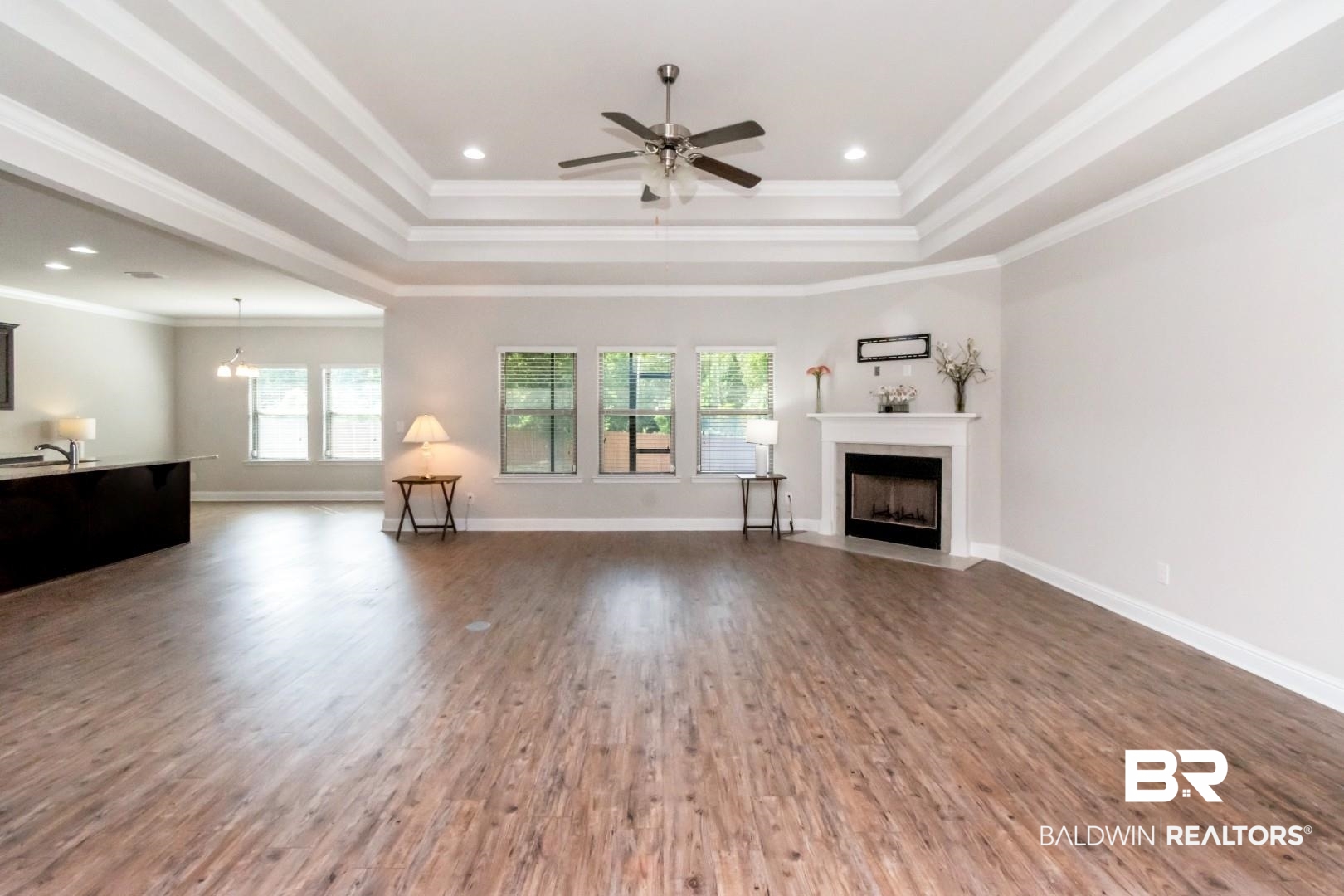 1282 Creek Ridge Court Mobile, AL 36695 - Photo 6 of 33 Living room with ornamental molding, a raised ceiling, plenty of natural light, wood finished floors, and recessed lighting