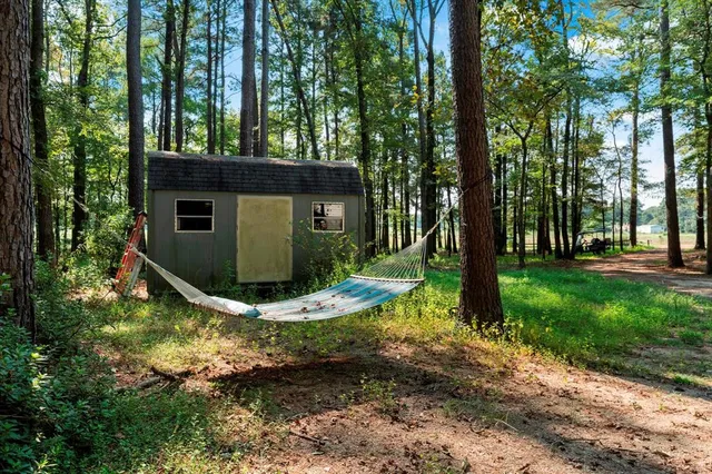 a view of a wooden house with large trees and a small yard