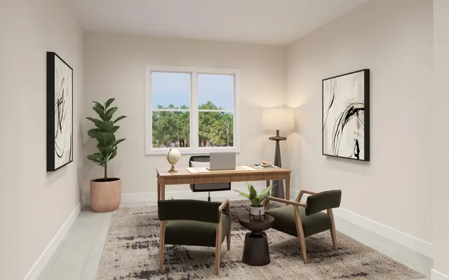 a living room with furniture and a potted plant