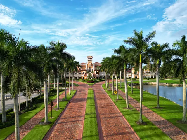 a front view of a house with a yard and palm trees