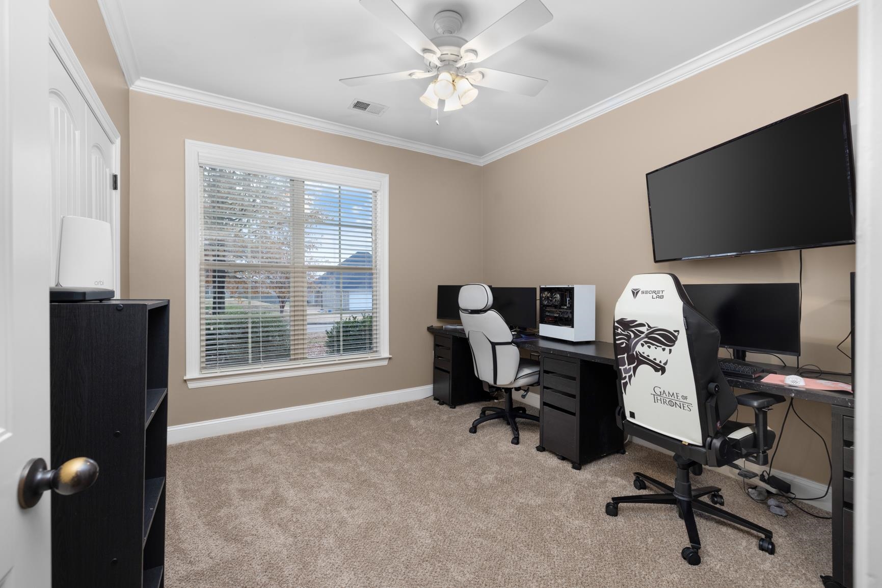 54 Palmer Cove Atoka, TN 38004 - Photo 20 of 40 Office with light carpet, crown molding, and ceiling fan