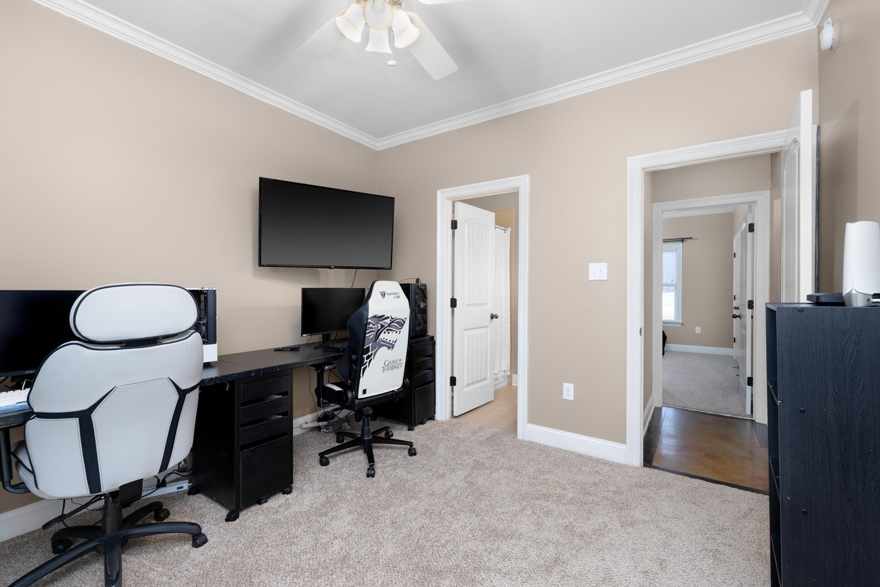 54 Palmer Cove Atoka, TN 38004 - Photo 21 of 40 Office featuring light colored carpet, ornamental molding, and a ceiling fan