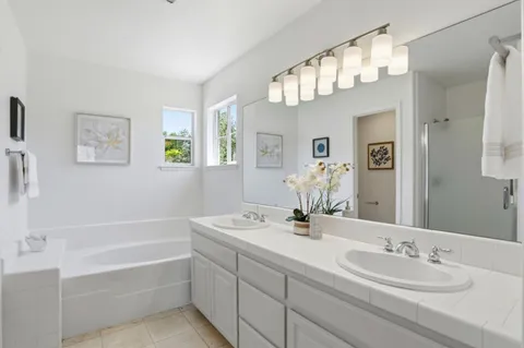 a bathroom with a tub a sink and a mirror
