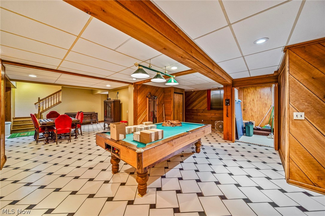 8801 Bunker Road Orwell, OH 44076 - Photo 46 of 50 Rec room with a drop ceiling, wood walls, light floors, billiards table, and recessed lighting