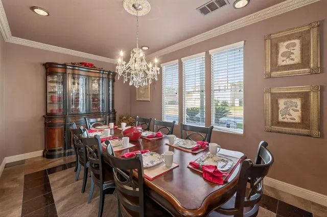 a view of a dining room with furniture window and outside view