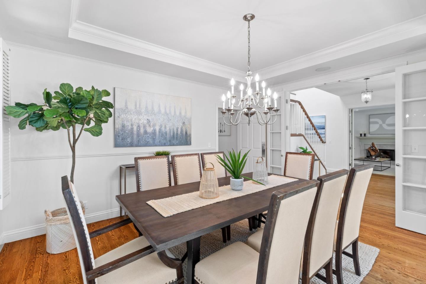 120 Gloria Circle Menlo Park, CA 94025 - Photo 15 of 83 a view of a dining room with furniture wooden floor and chandelier