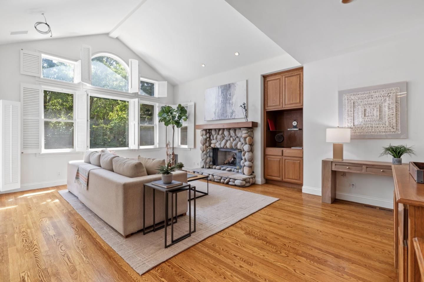 120 Gloria Circle Menlo Park, CA 94025 - Photo 24 of 83 a living room with furniture a large window and a fireplace