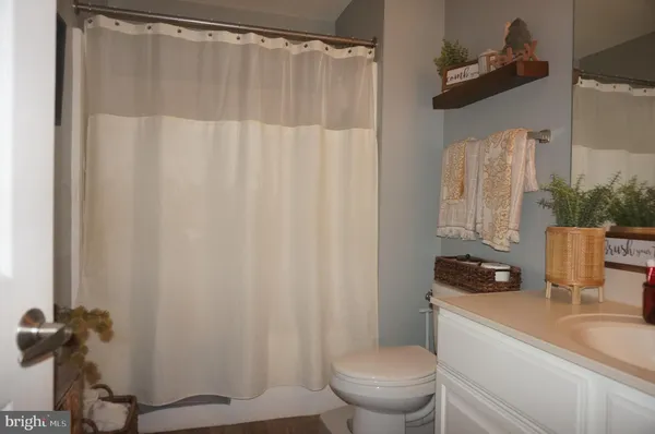 a bathroom with a sink a toilet and shower curtain