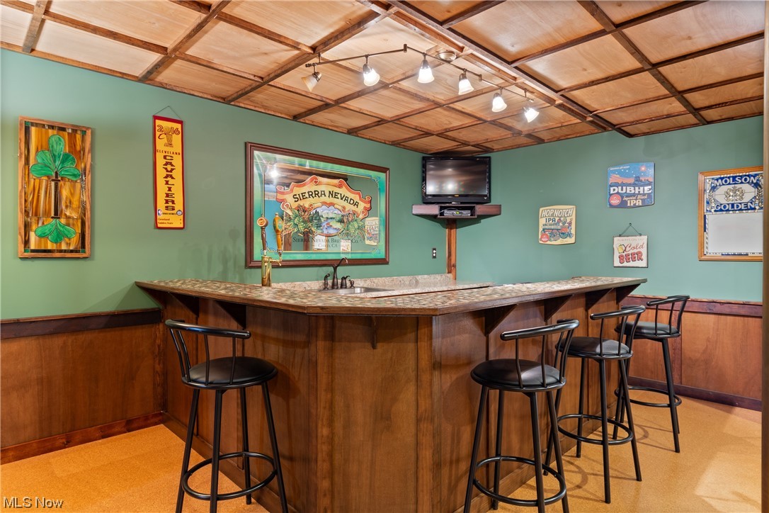 8205 Lake Road Seville, OH 44273 - Photo 23 of 35 Bar featuring rail lighting, brown wood, and vinyl floors