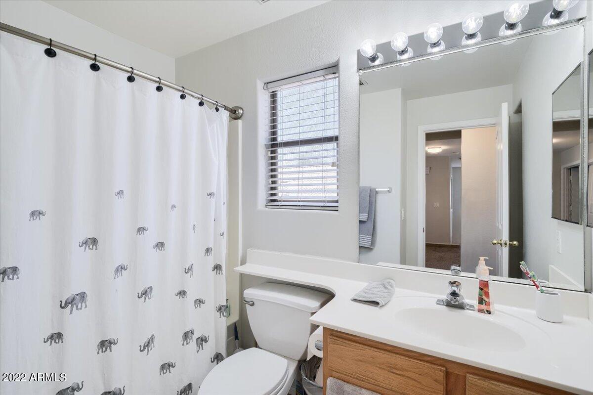 3889 East Timberline Road Gilbert, AZ 85297 - Photo 14 of 25 a bathroom with a sink vanity mirror and toilet