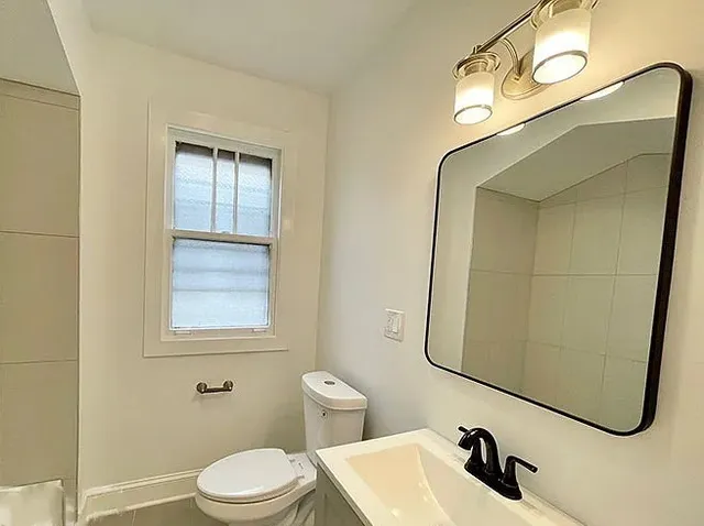 a bathroom with a sink a toilet and mirror