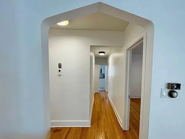 a view of a hallway with wooden floor and a cabinet