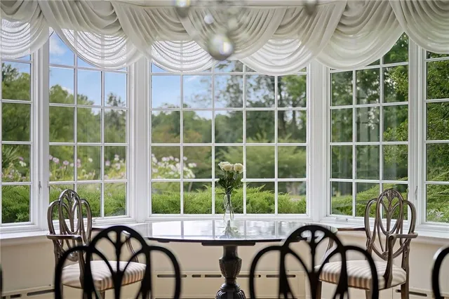 a view of a dining room with furniture window and outside view