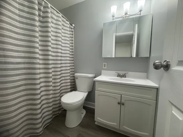 a bathroom with a toilet sink and mirror